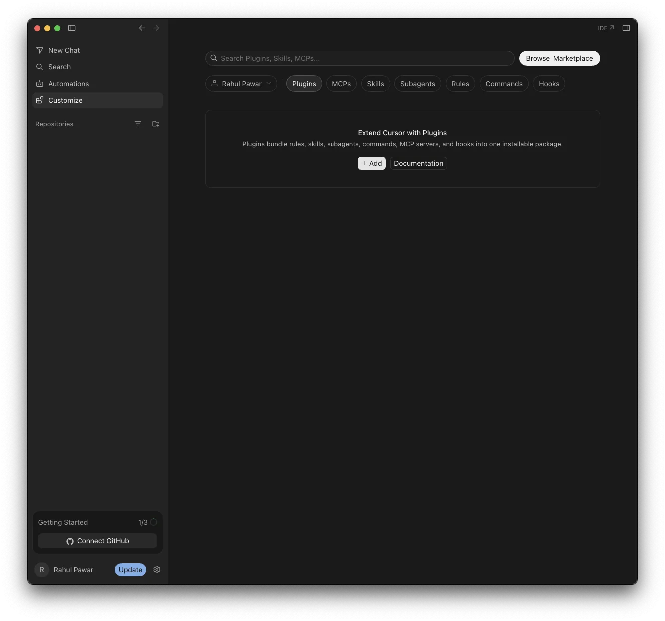 Cursor's Customize page with the Plugins, MCPs, Skills, Subagents, Rules, Commands, and Hooks tabs across the top