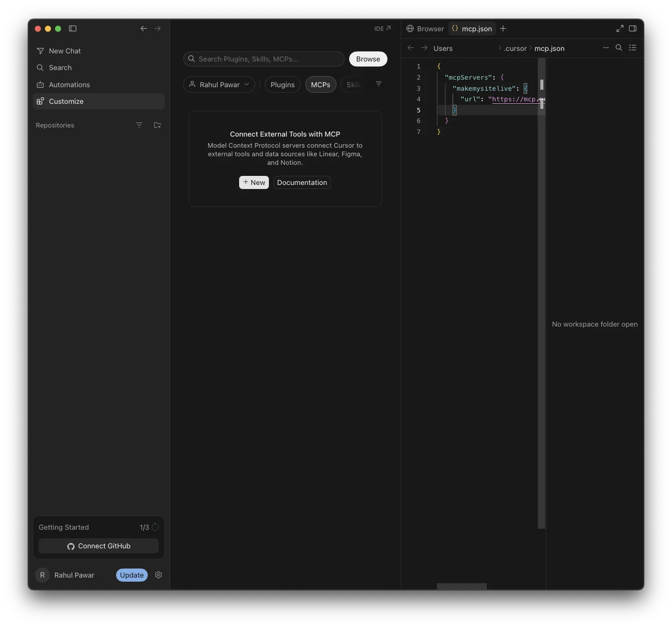 The .cursor/mcp.json file with a makemysitelive entry added under mcpServers, its url set to the MakeMySiteLive MCP connector