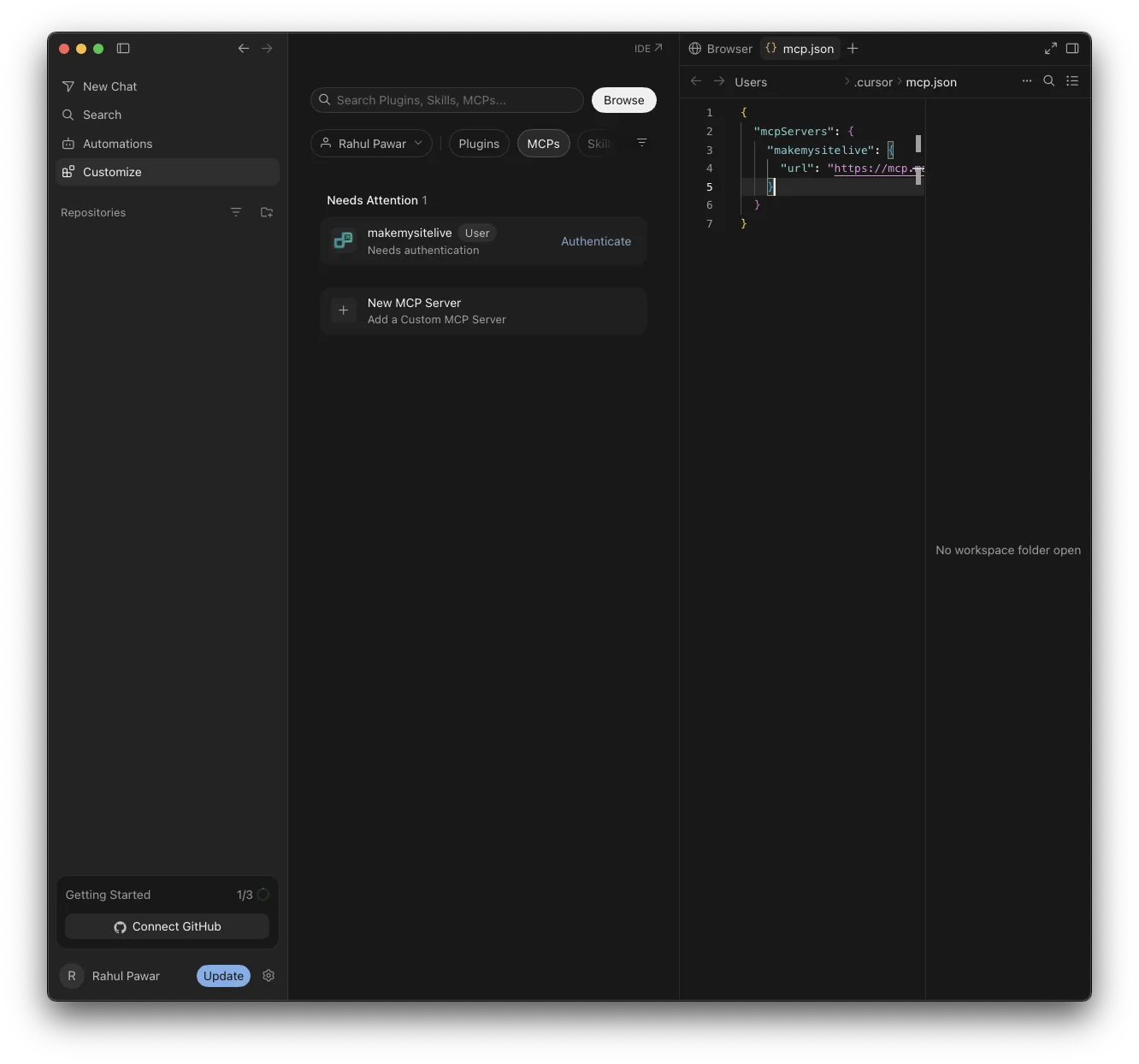 Cursor's MCPs tab with makemysitelive listed under Needs Attention, showing an Authenticate link