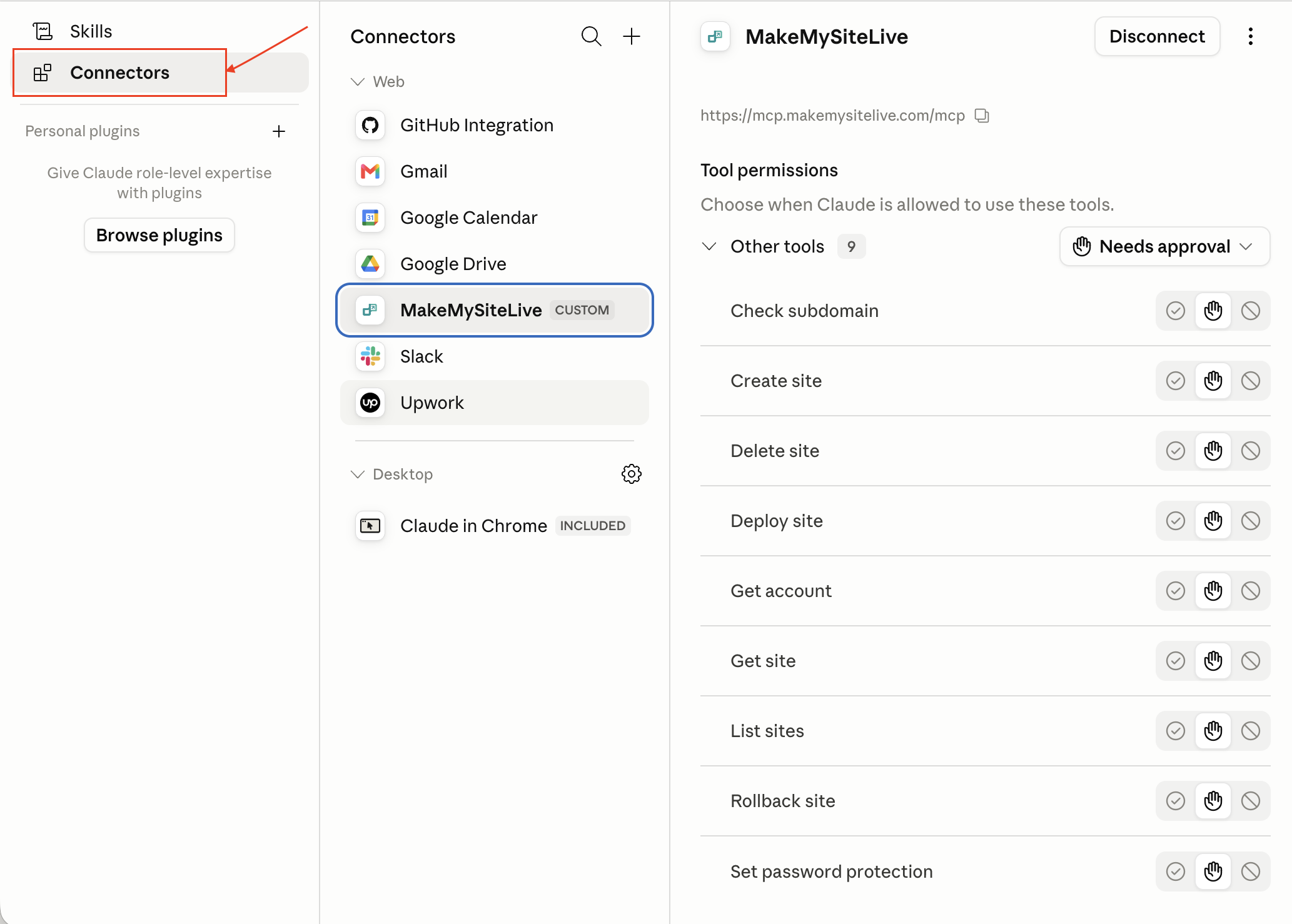 Connected MakeMySiteLive connector in Claude showing its tools and per-tool approval settings