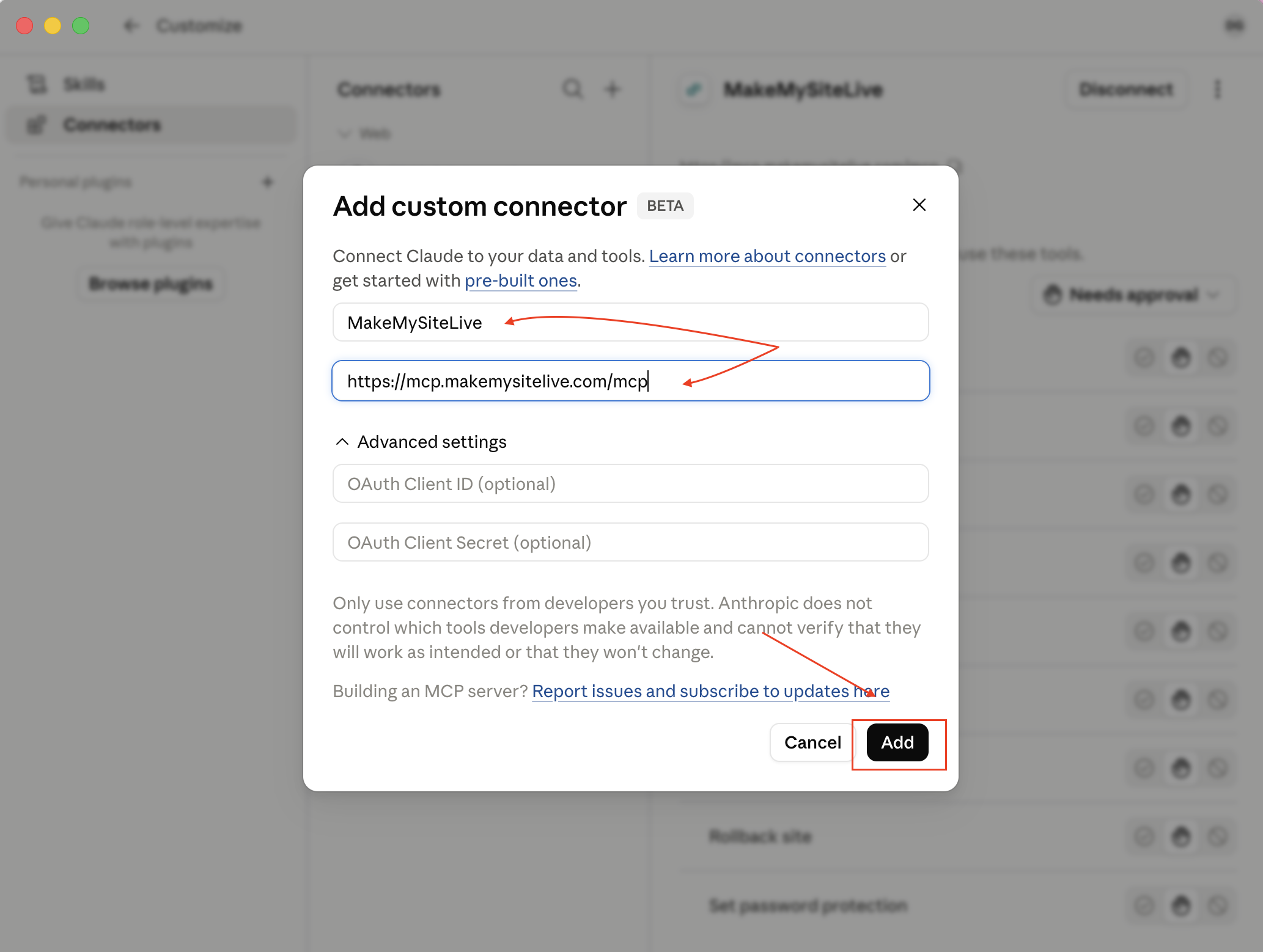 Add custom connector dialog with the name MakeMySiteLive and the URL https://mcp.makemysitelive.com/mcp